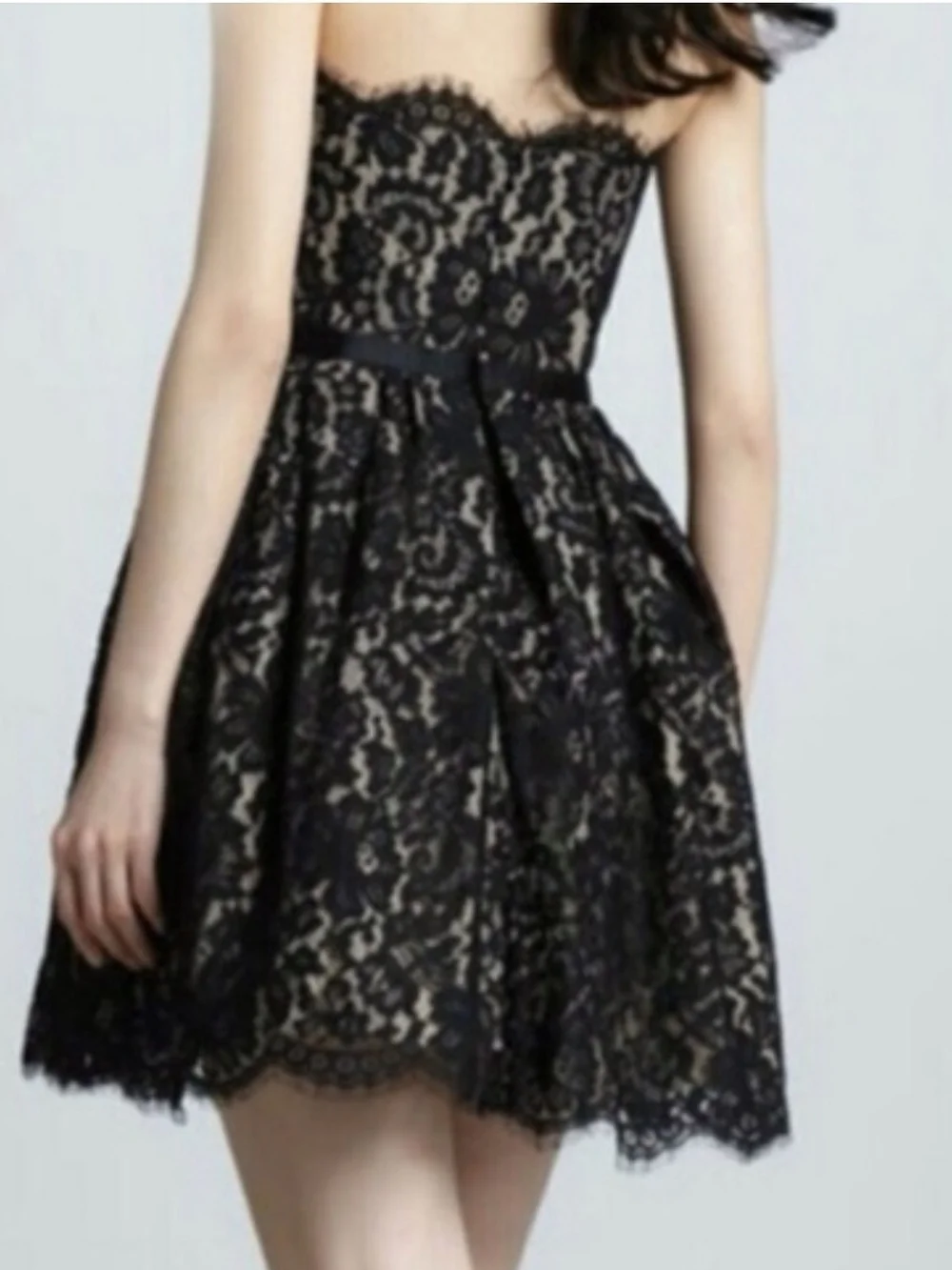 Strapless Black Lace Dress with Cream Lining and Satin Waist Bow Size 6